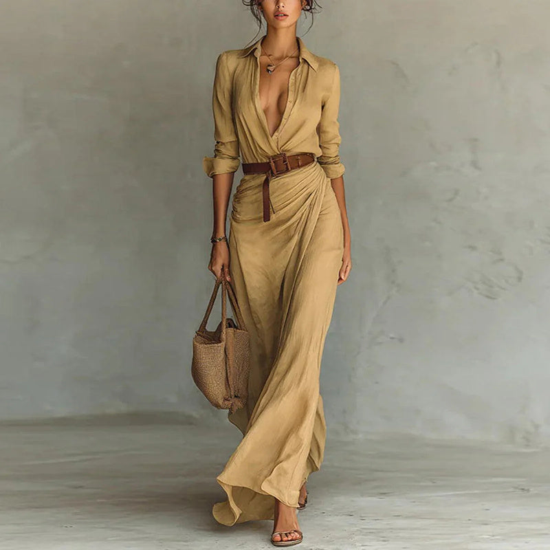 Long Sleeve Ruched Button-Down Maxi Dress with Waist Belt