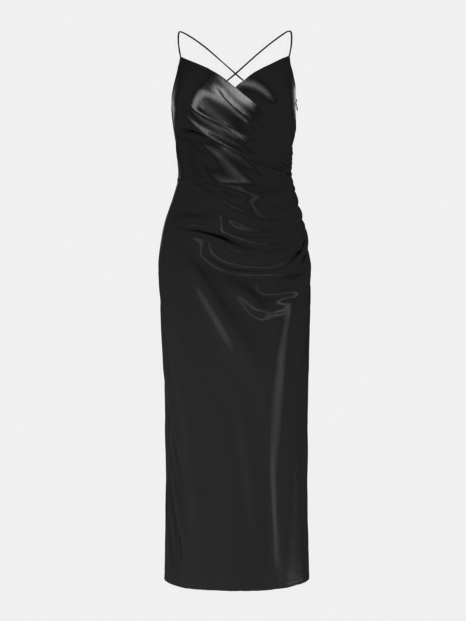 Satin V-neck Side Gathered Dress