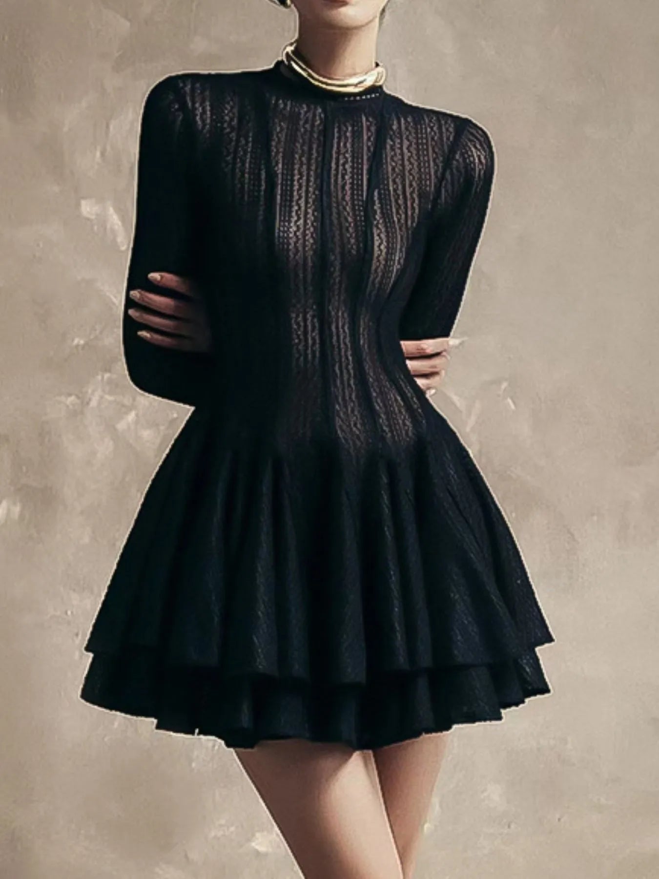 Layered Round Neck Long Sleeve Dress