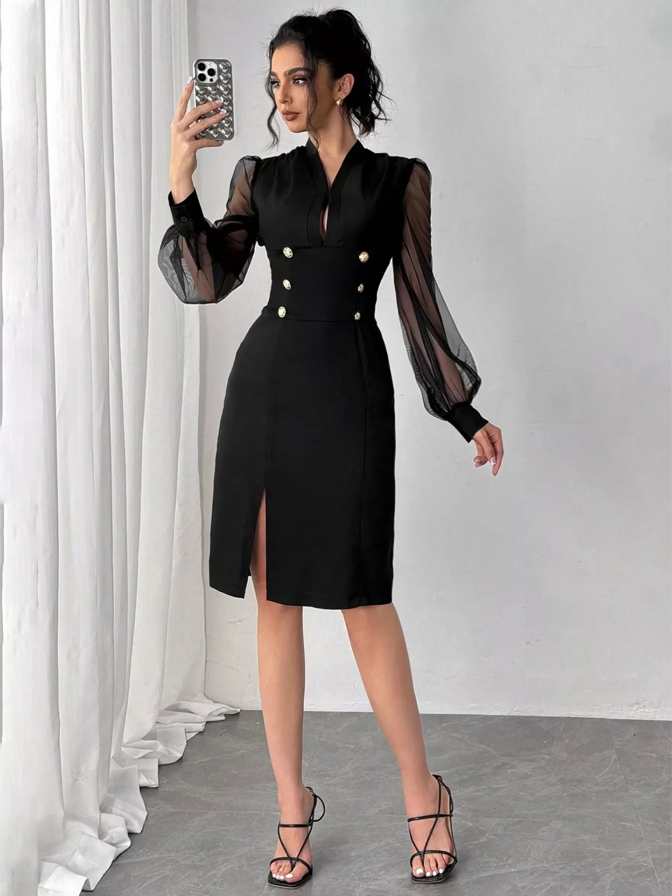 Slit Front Sheer Sleeve Dress