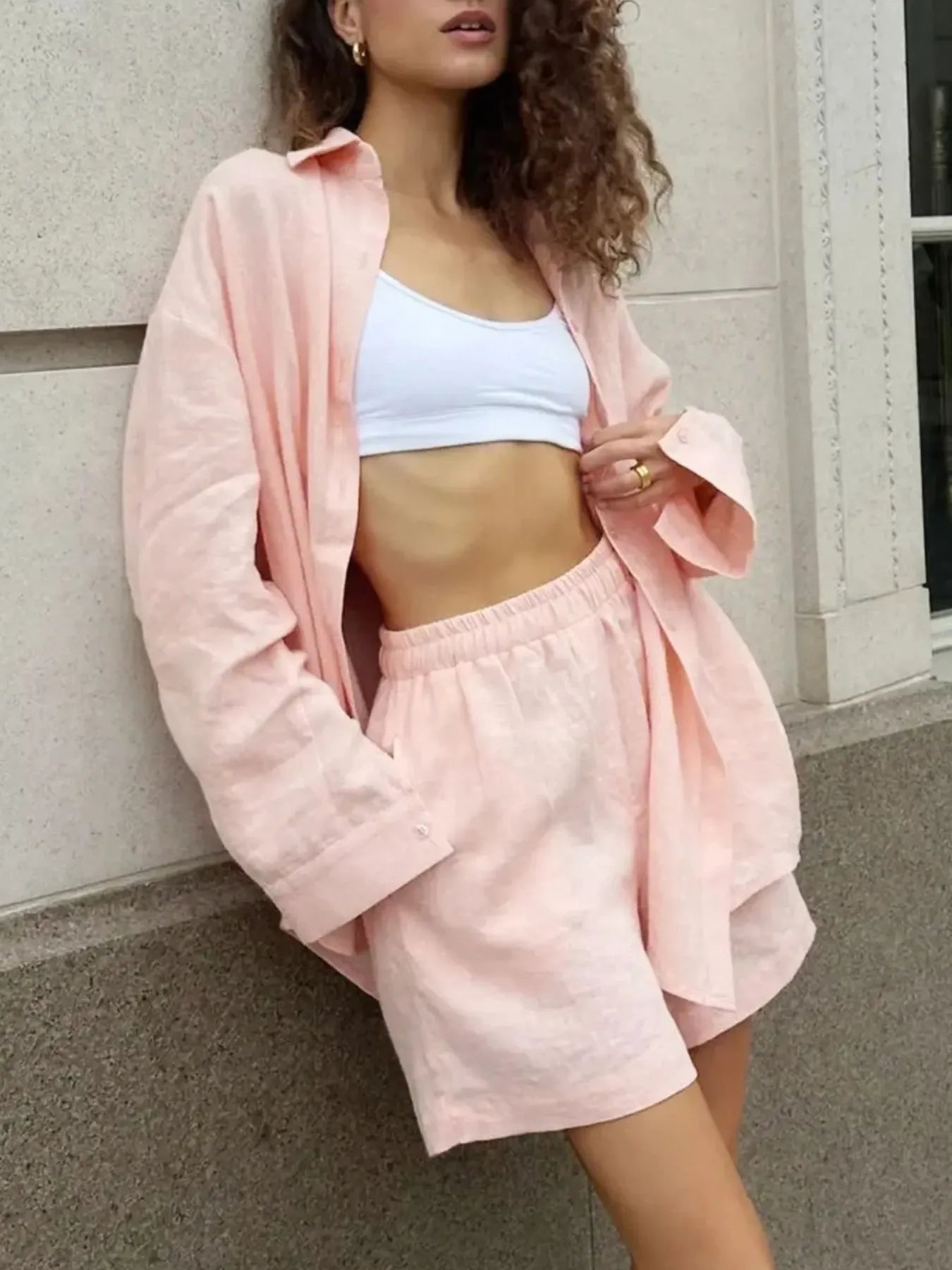 Button Up Long Sleeve Shirt and Shorts Set