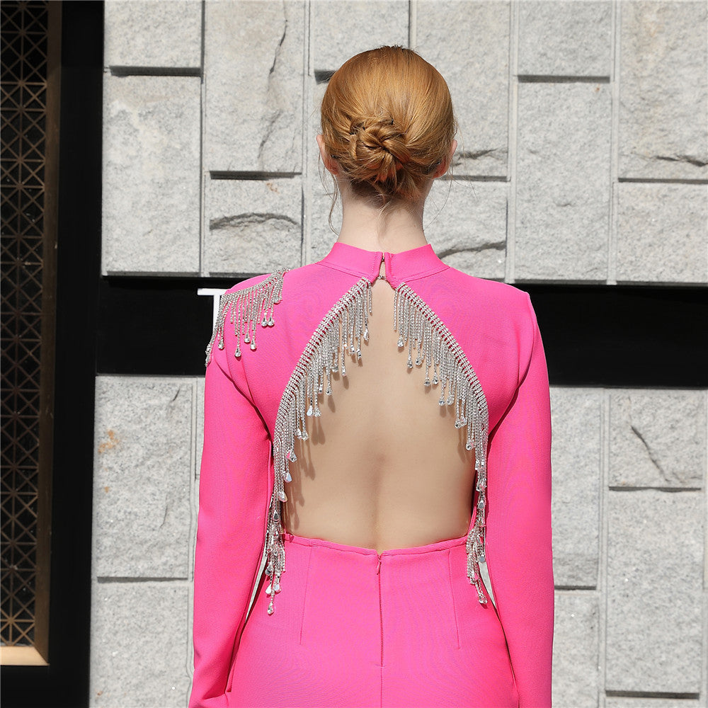 Backless Fringed Diamond Bandage Dress