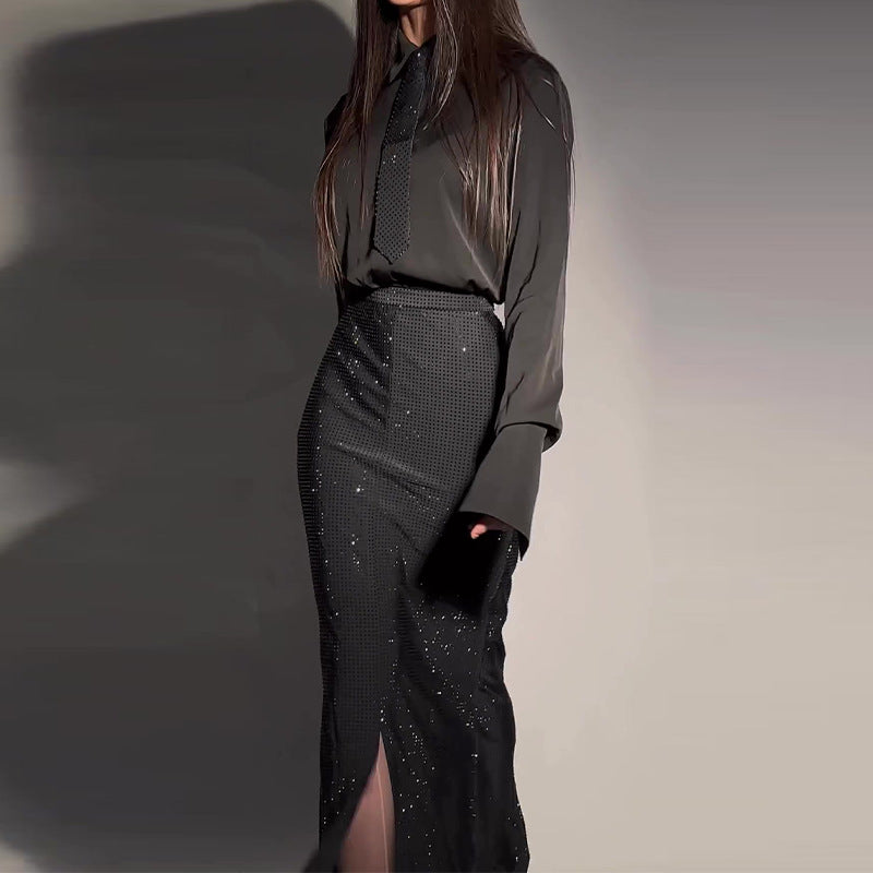 Rhei Diamond Split Wrap Black Set Dress