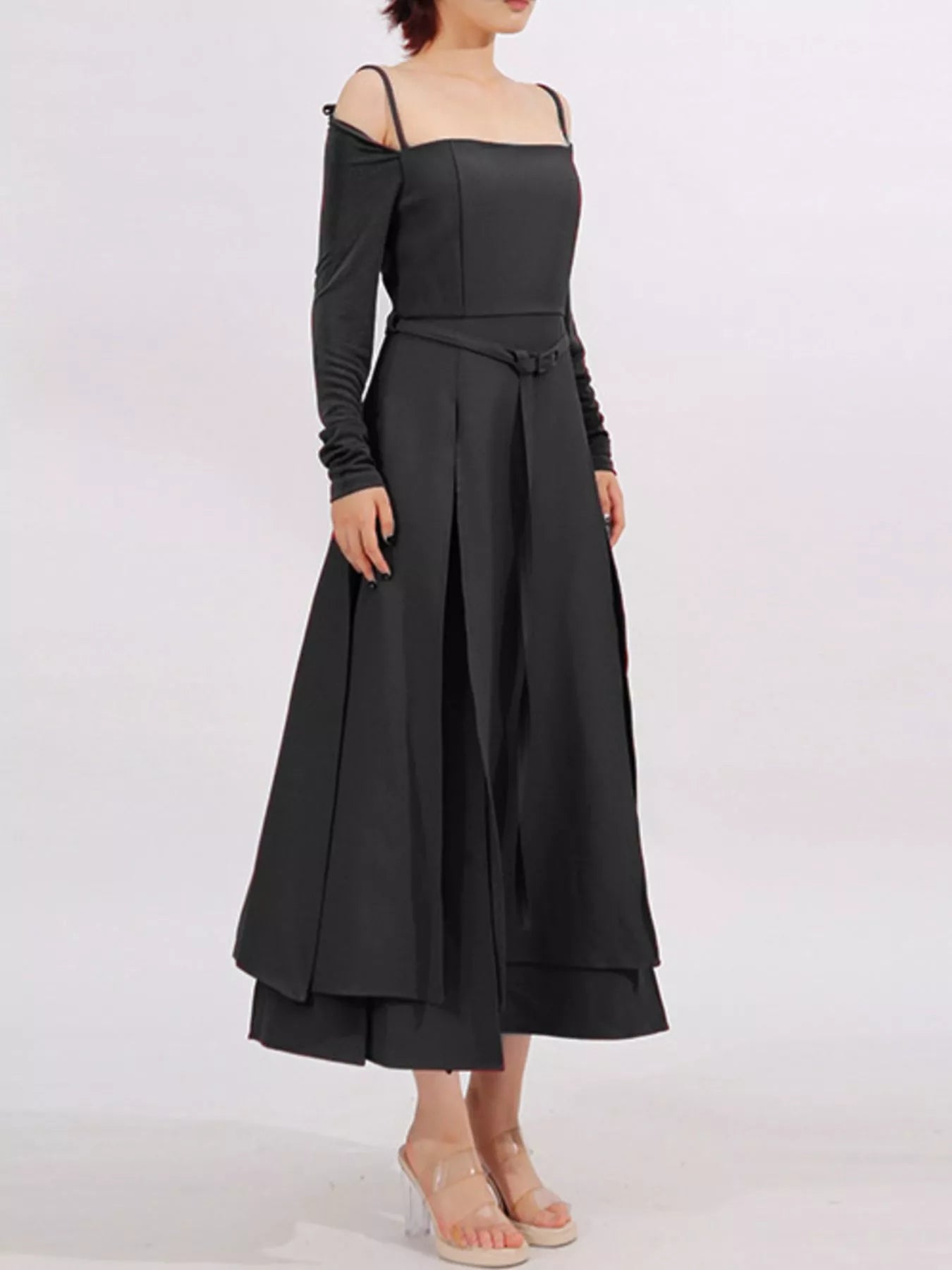 Slit Spaghetti Strap Long Sleeve Dress