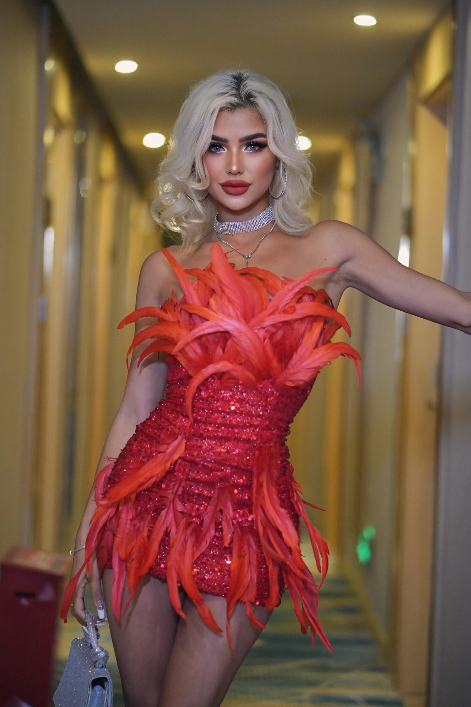 Red Paillette Feather Exclusive Dress