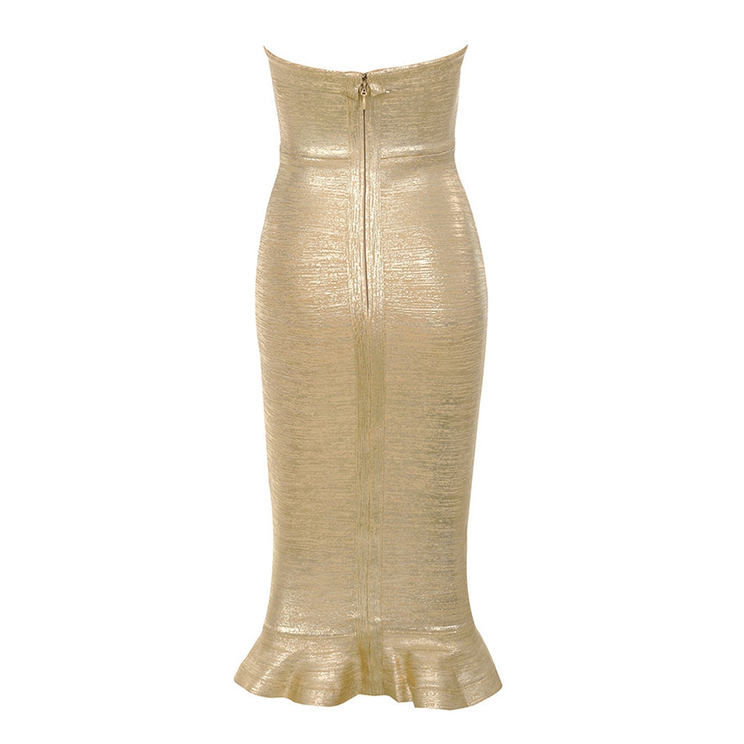 Backless Ruffled Fishtail Bandage Evening Dress-Gold