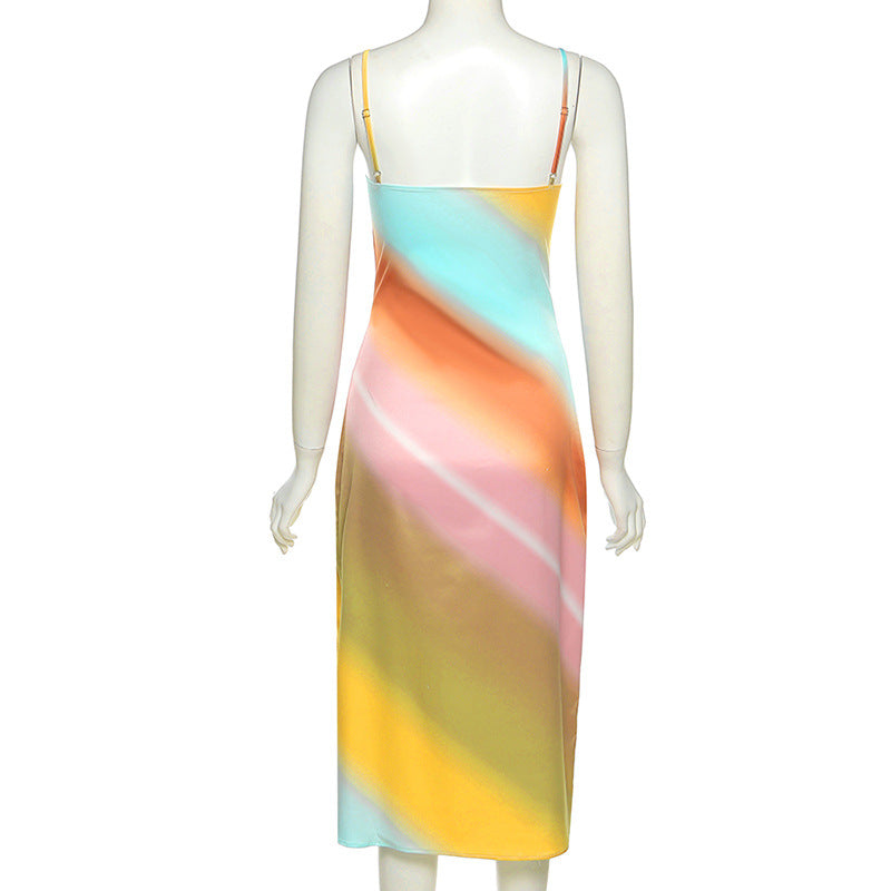 Rainbow Sling V-Neck Backless Dress