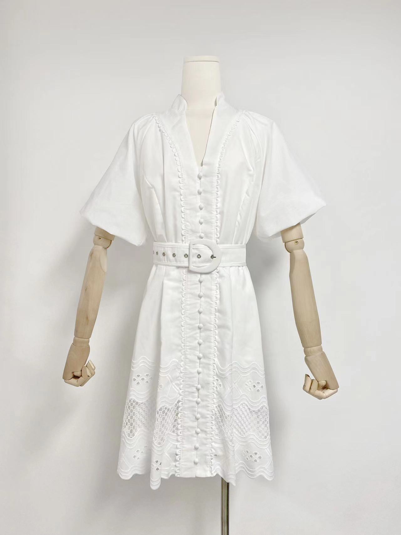 V-neck Puff Sleeve Belt Waist  Mini Dress