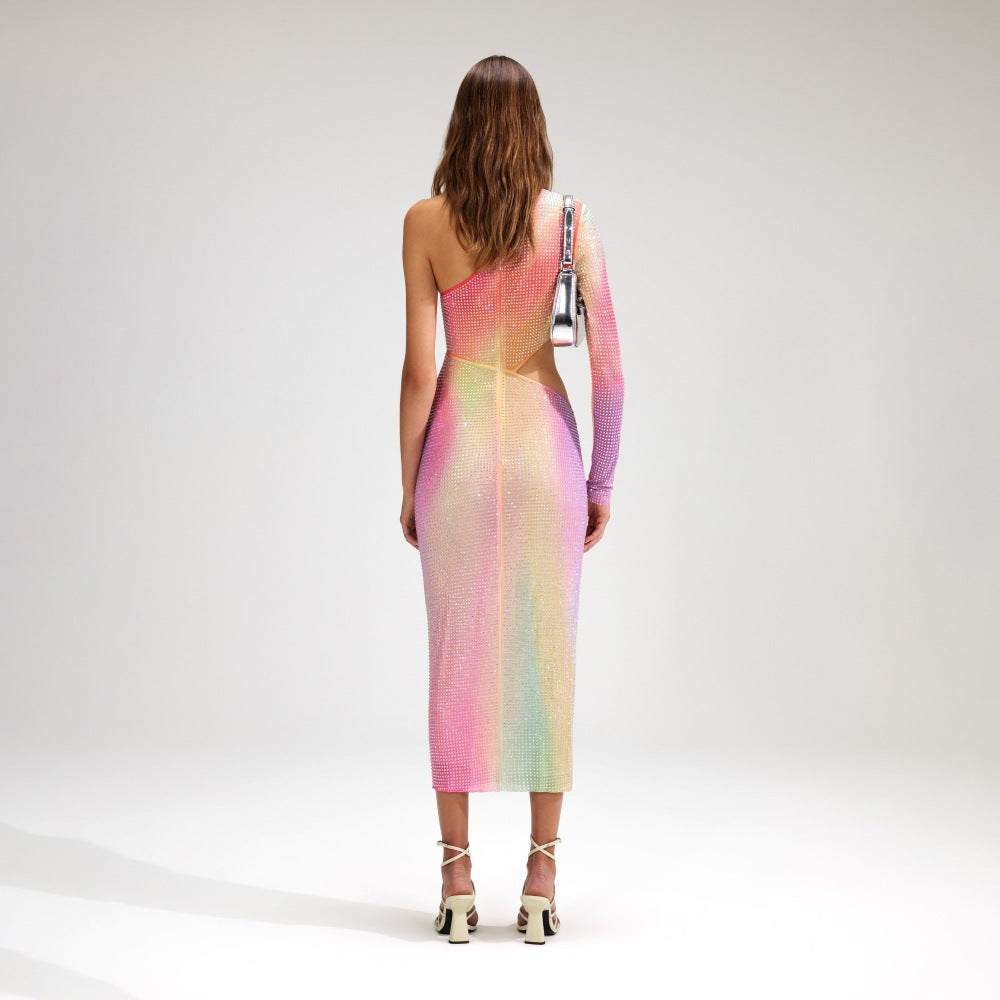 Ahusha Diagonal Shoulder Slit Metallic Dress