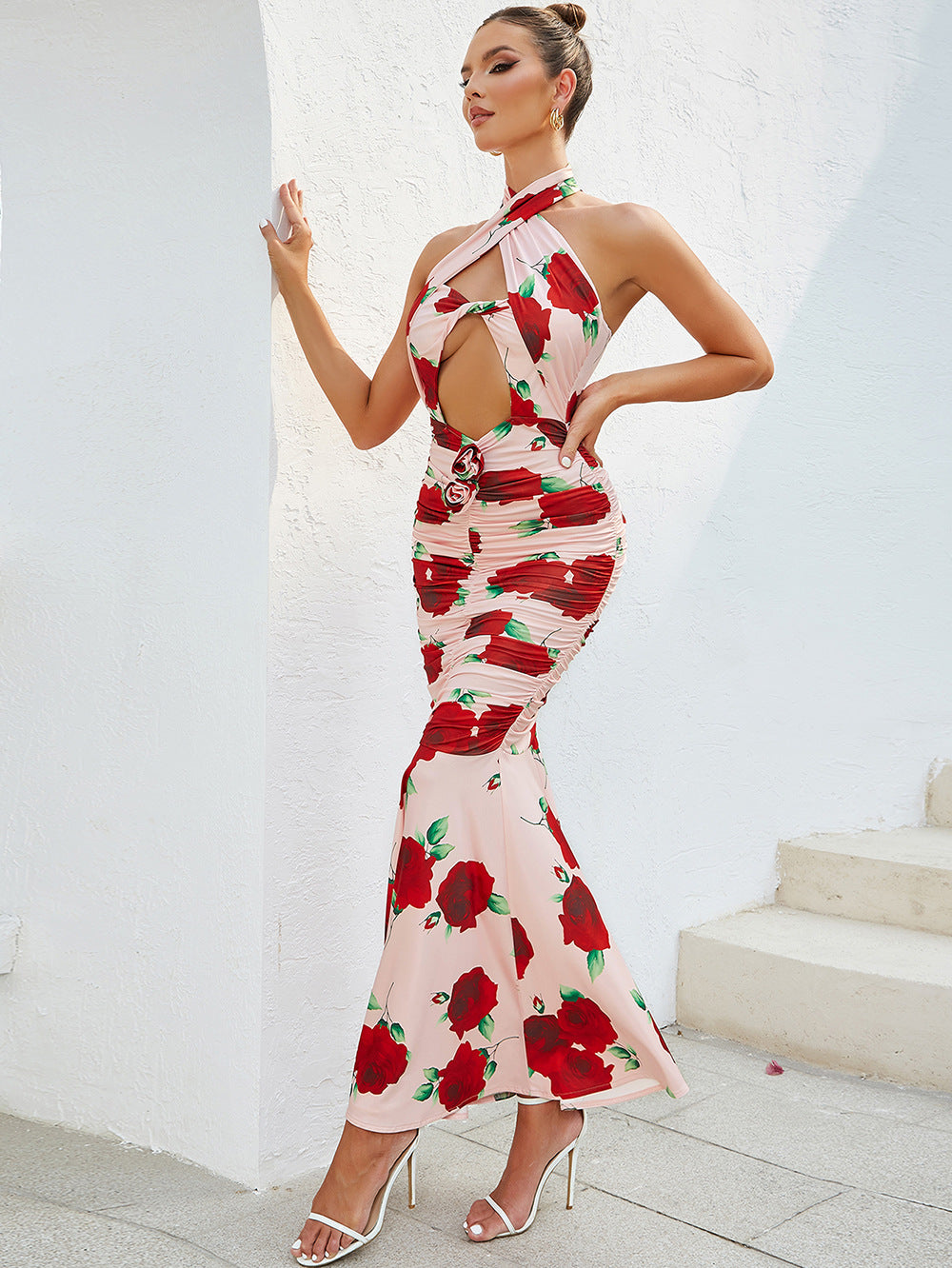 Chic Halter Backless Ruffled Dress