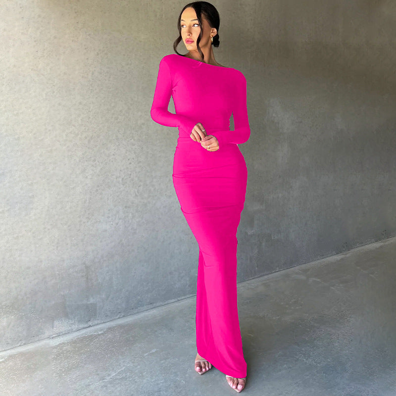 V-neck Slim Fit Pleated Long Sleeve Dress
