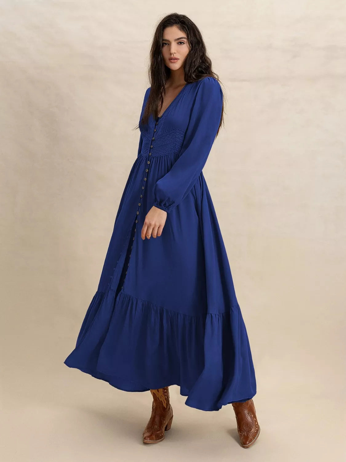 Long Sleeve Button-Front Maxi Dress