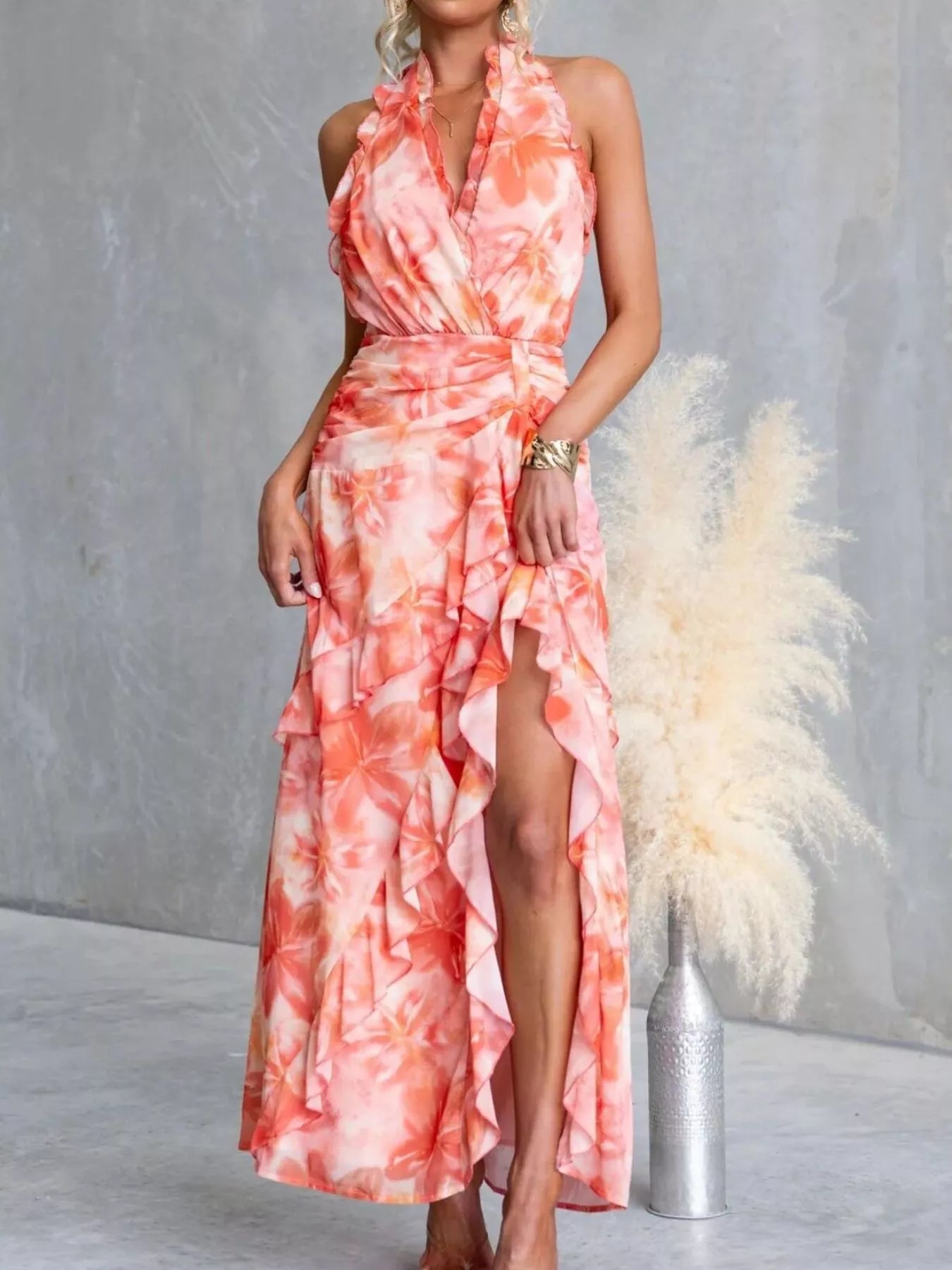 Floral Print Ruffle Halter Neck Maxi Dress
