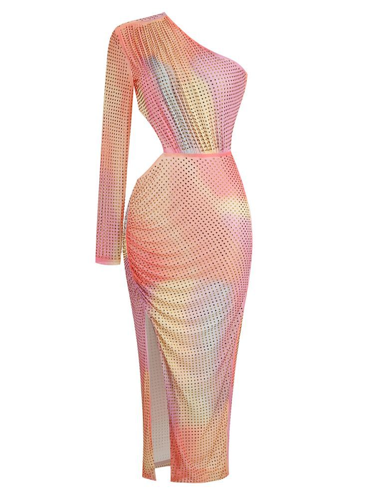 Ahusha Diagonal Shoulder Slit Metallic Dress