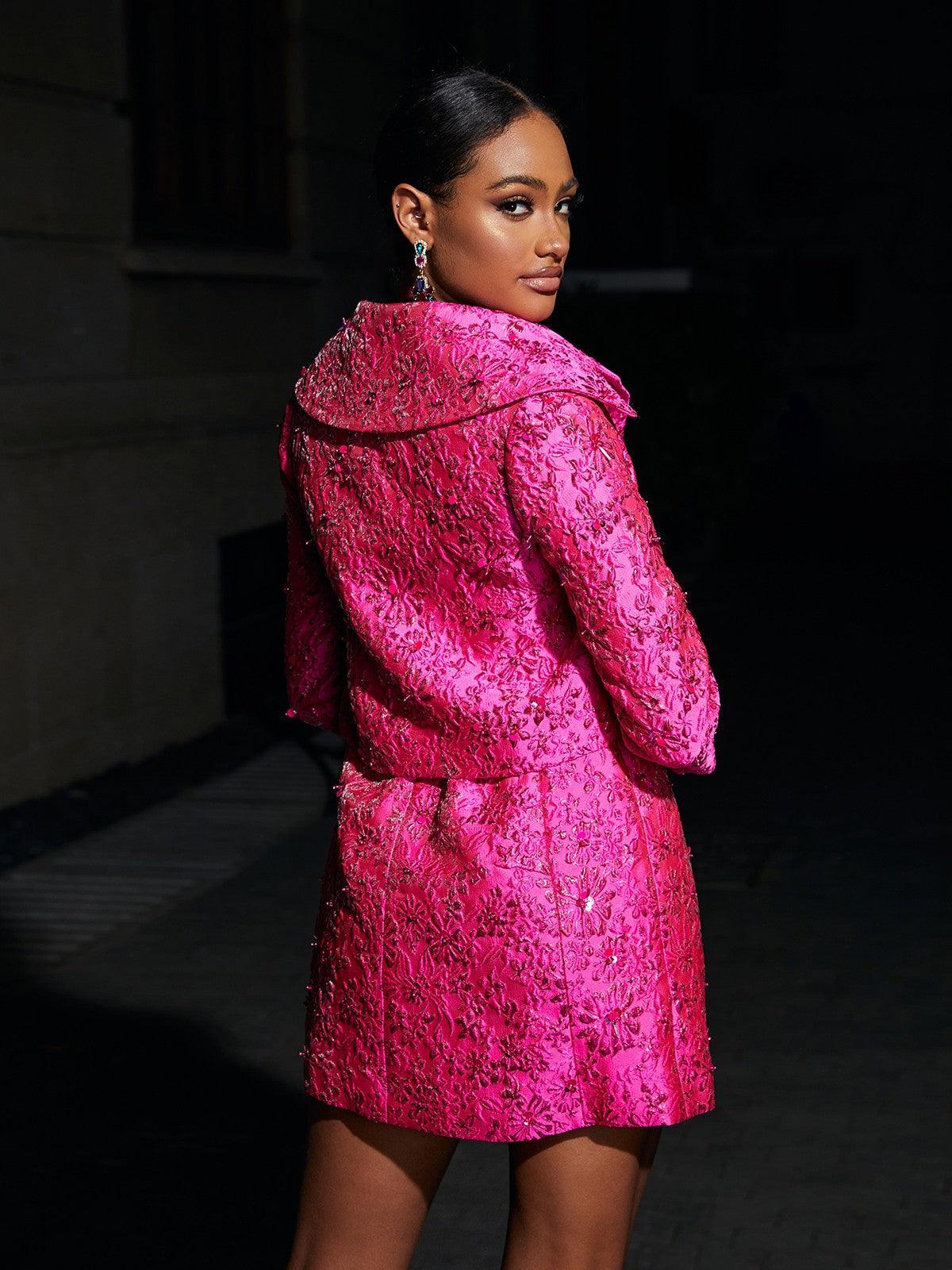 Aanya Jacquard Floral Blazer in pink, featuring a stunning floral pattern and elegant design for formal attire.