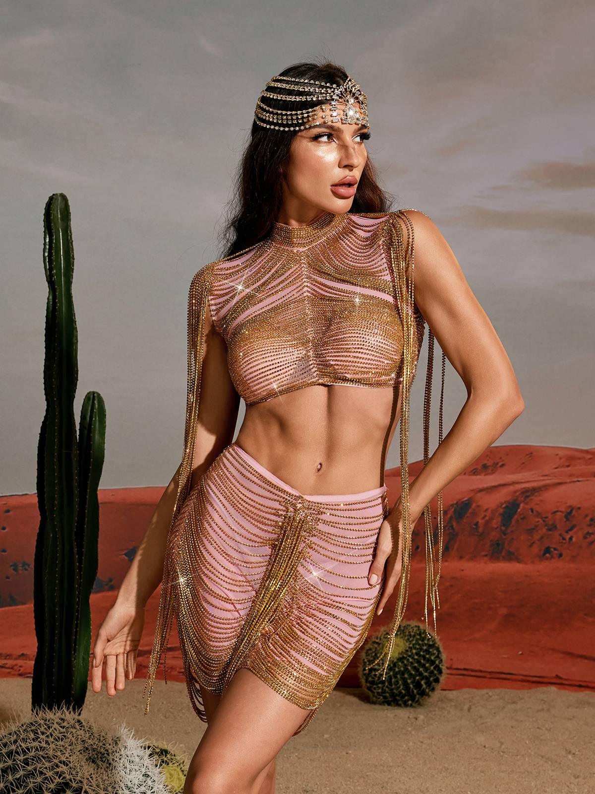 Abdiel Crystal Chain Skirt Set in Gold featuring glamorous crystal embellishments and a chic design for evening wear.