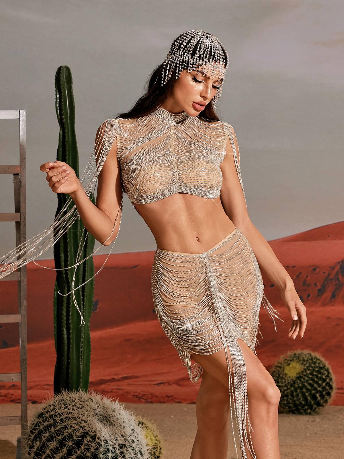 Abdiel Crystal Chain Skirt Set in Silver featuring luxurious embellishments and fringe details, ideal for parties and festivals.