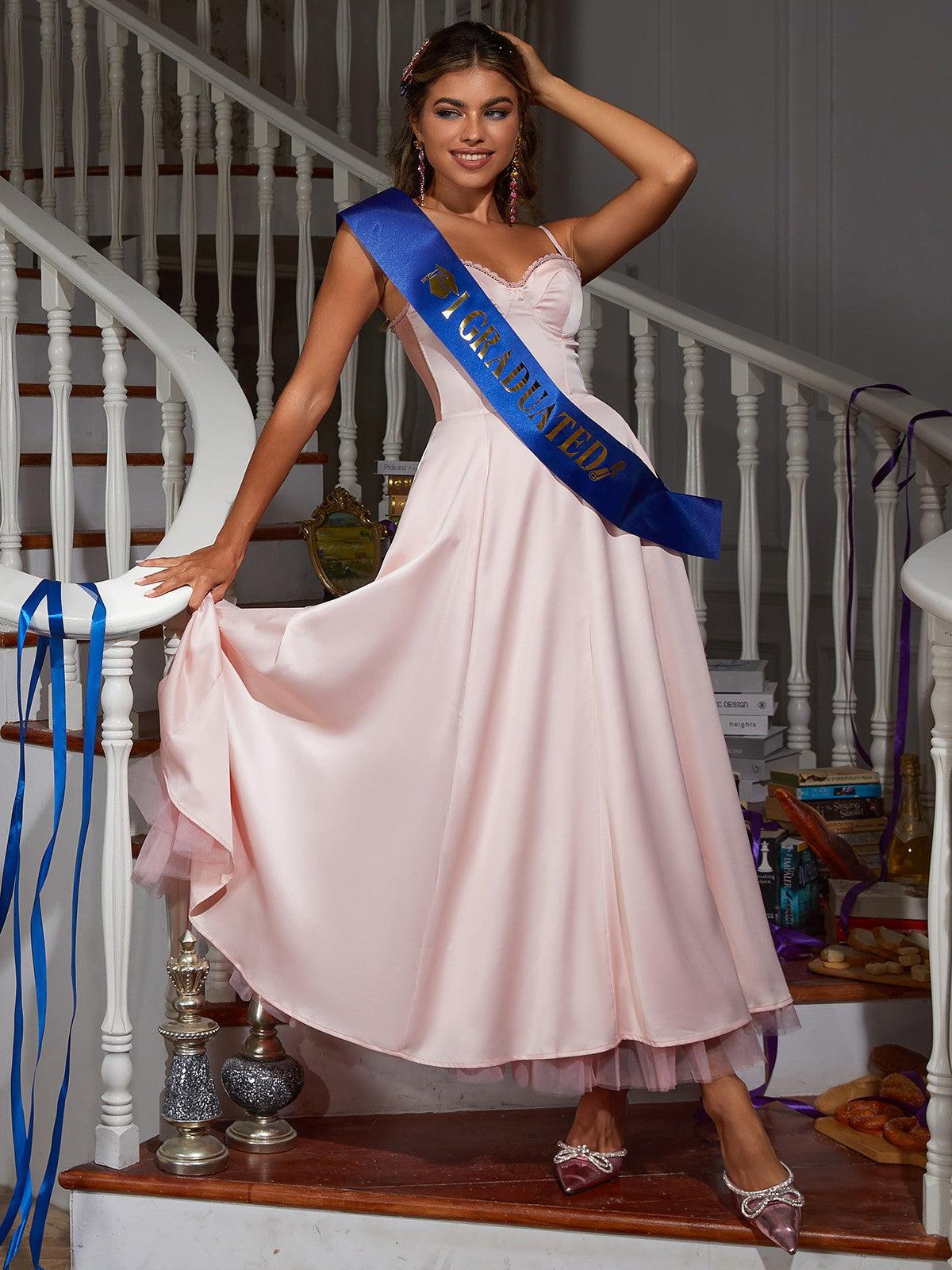 Abraxas Spaghetti Satin Dress in pink with sophisticated spaghetti straps and elegant patchwork design.