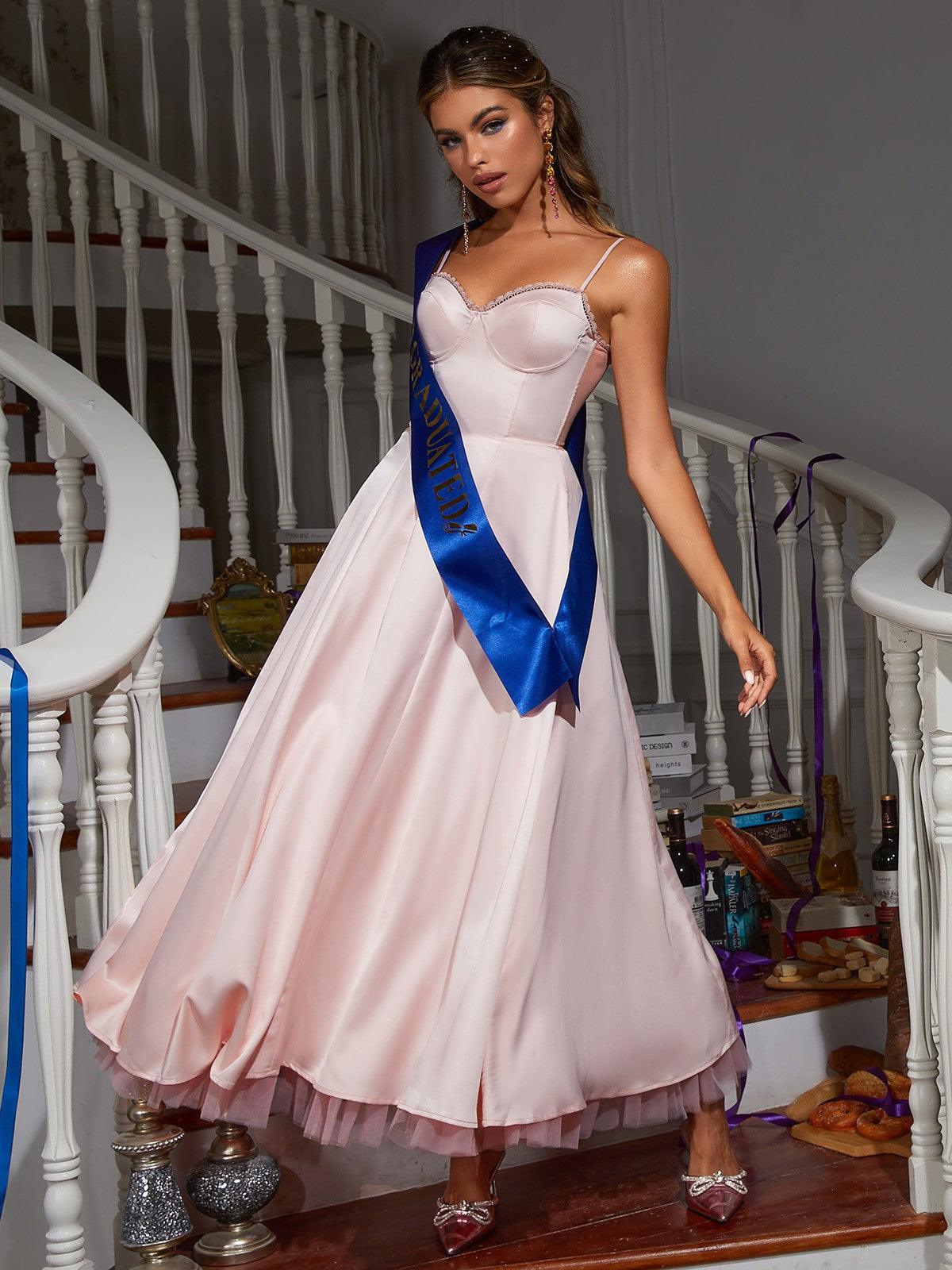 Abraxas Spaghetti Satin Dress in pink with sophisticated spaghetti straps and elegant patchwork design.