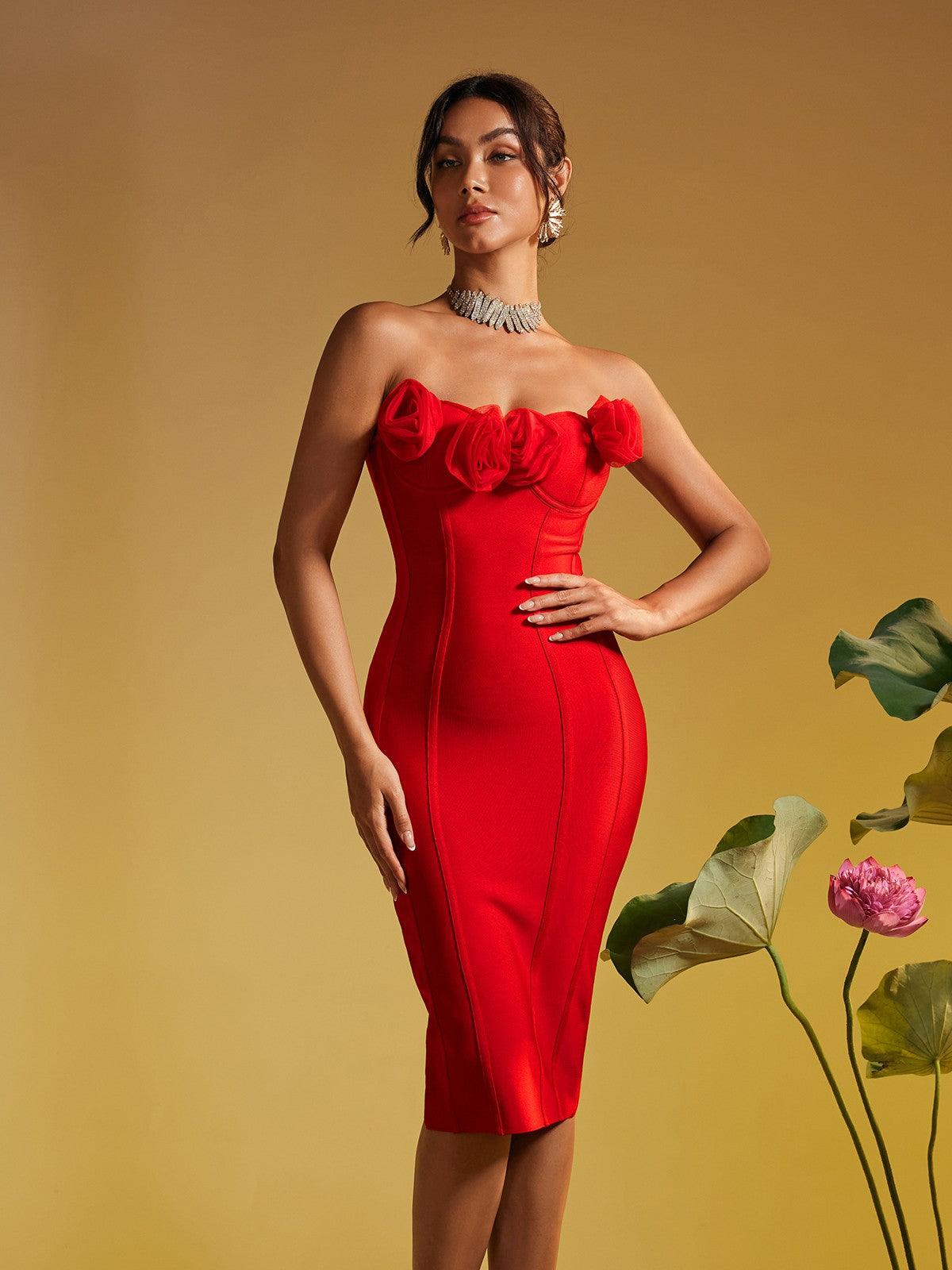 Adlai Strapless Flower Bandage Midi Dress in red, showcasing flower detailing and figure-flattering design for evening wear.