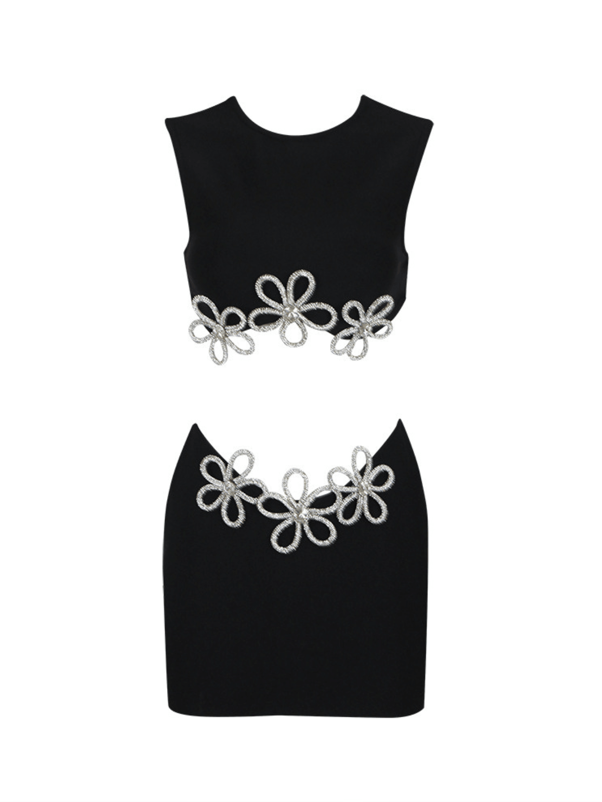 Adrien Floral Crystal Crop Bandage Skirt Set showcasing a stylish floral design with crystal embellishments.