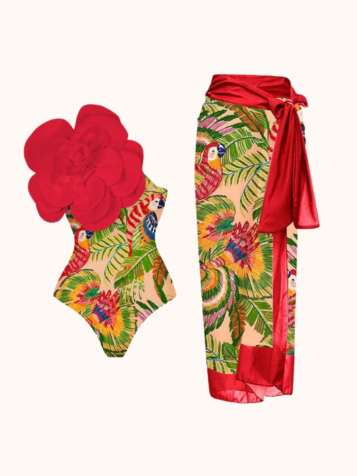 Aether Flower Printed Two Piece Swimwear Set in vibrant red, perfect for stylish beach outings.