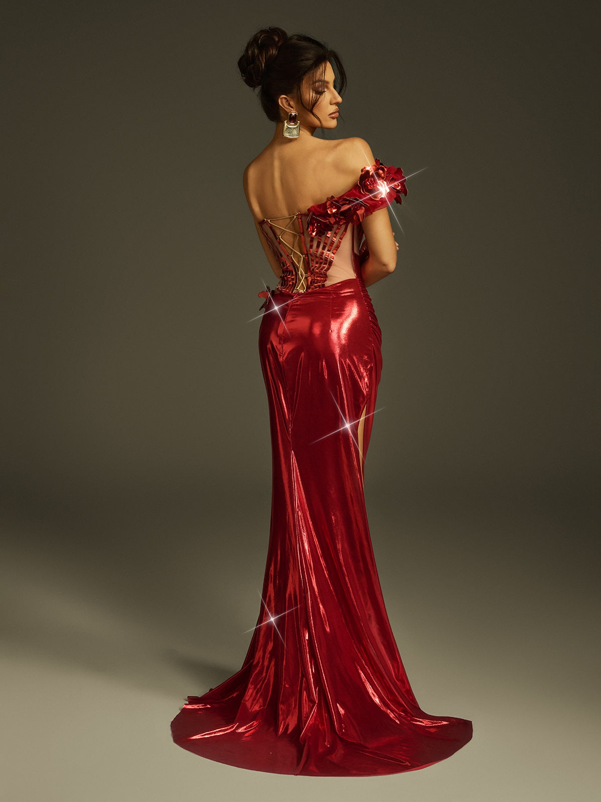 Fraziline Flower Metallic Split Maxi Dress
