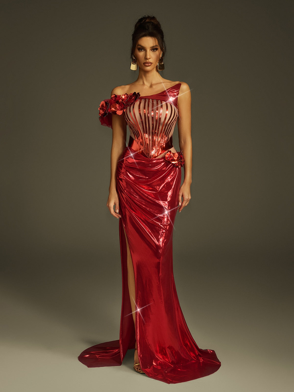 Fraziline Flower Metallic Split Maxi Dress