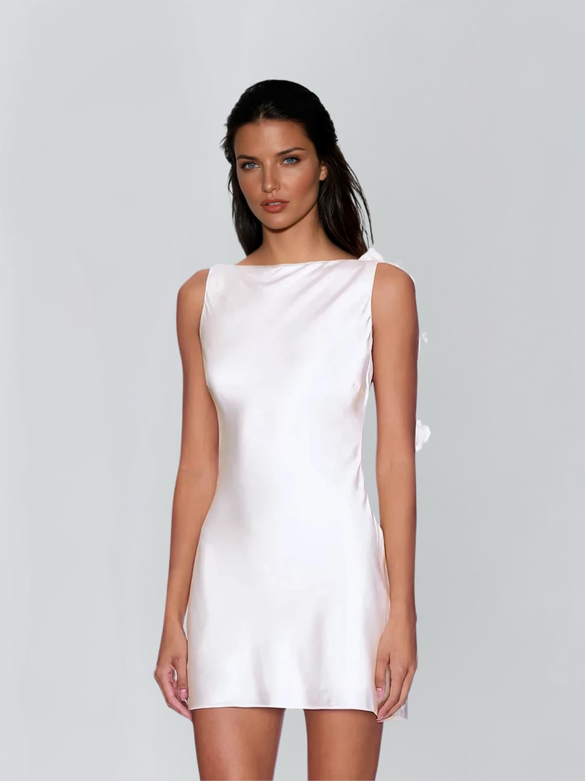 Aevorix Backless Flower Satin Mini Dress In White