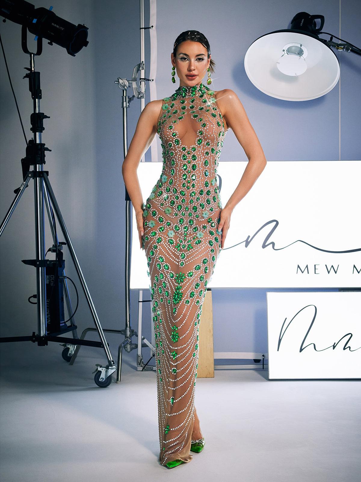 Ahava Rhinestone Embellished Maxi Dress in green, perfect for luxury occasions with stunning rhinestone details.