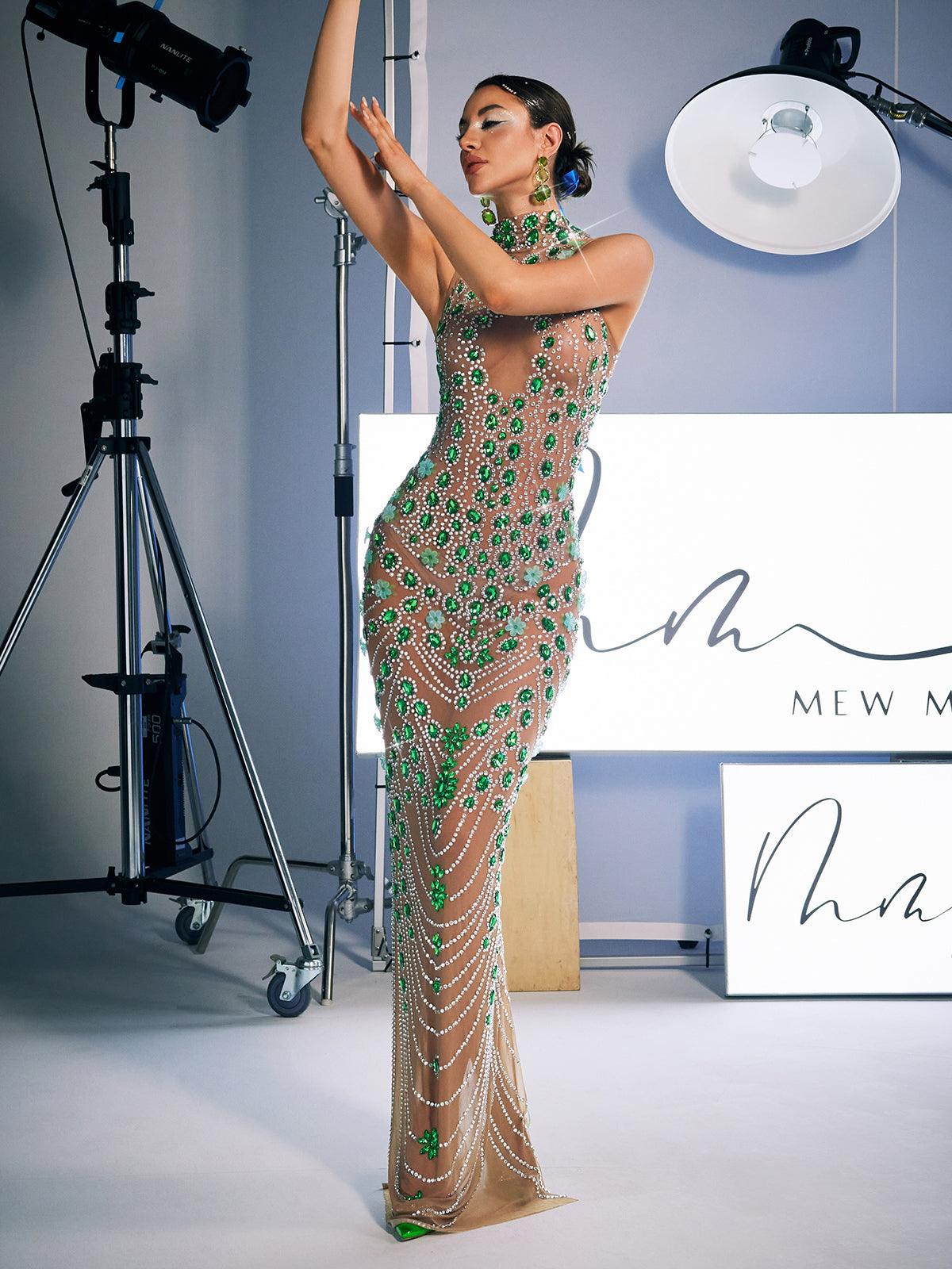 Ahava Rhinestone Embellished Maxi Dress in green, perfect for luxury occasions with stunning rhinestone details.
