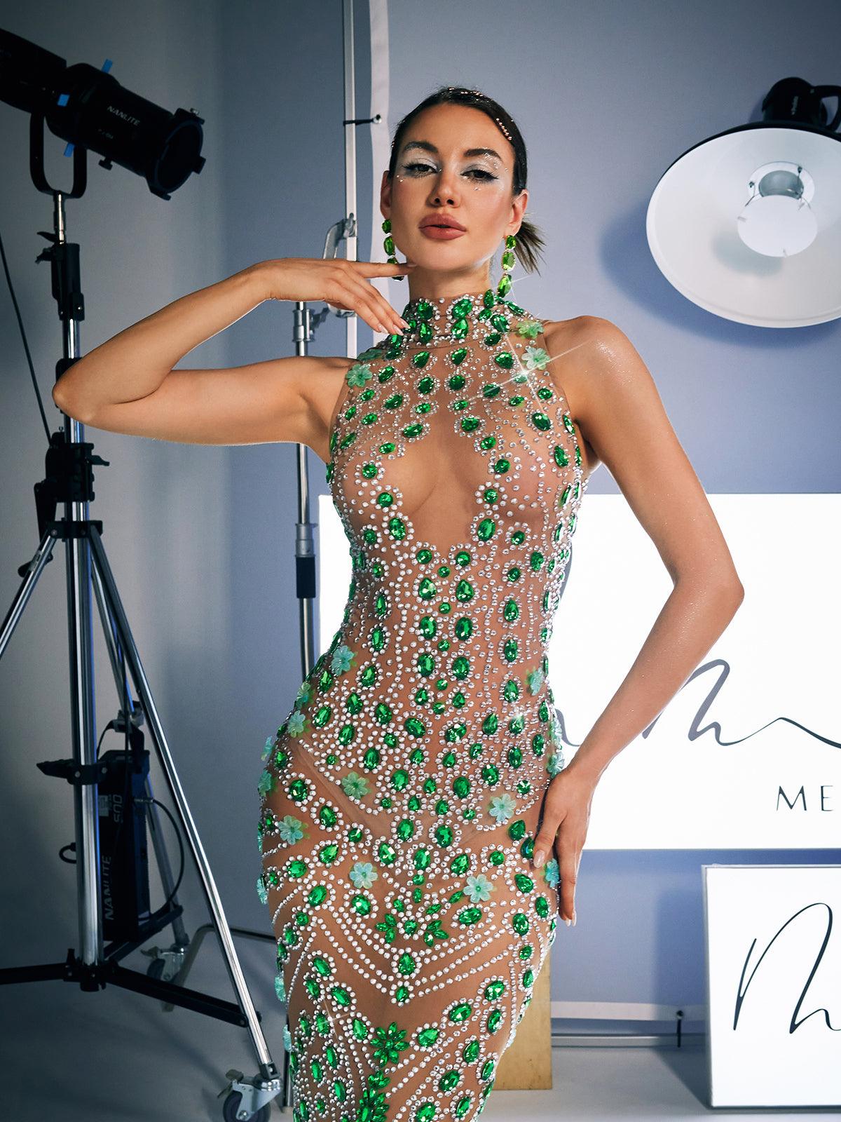 Ahava Rhinestone Embellished Maxi Dress in green, perfect for luxury occasions with stunning rhinestone details.