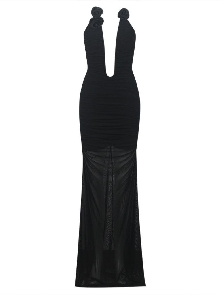 Ahinoam Strapless Flower Bandage Maxi Dress in Black, showcasing elegant floral design and flattering bandage fit.