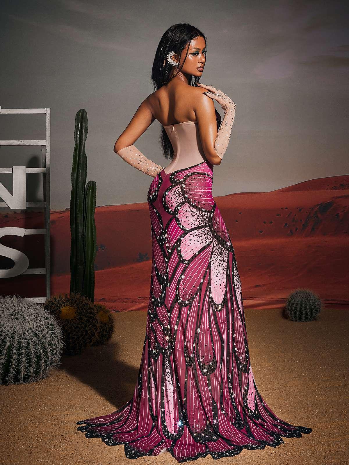 Aidan Butterfly Rhinestone Split Maxi Dress in pink, featuring elegant embellishments and a stylish split design, perfect for prom.