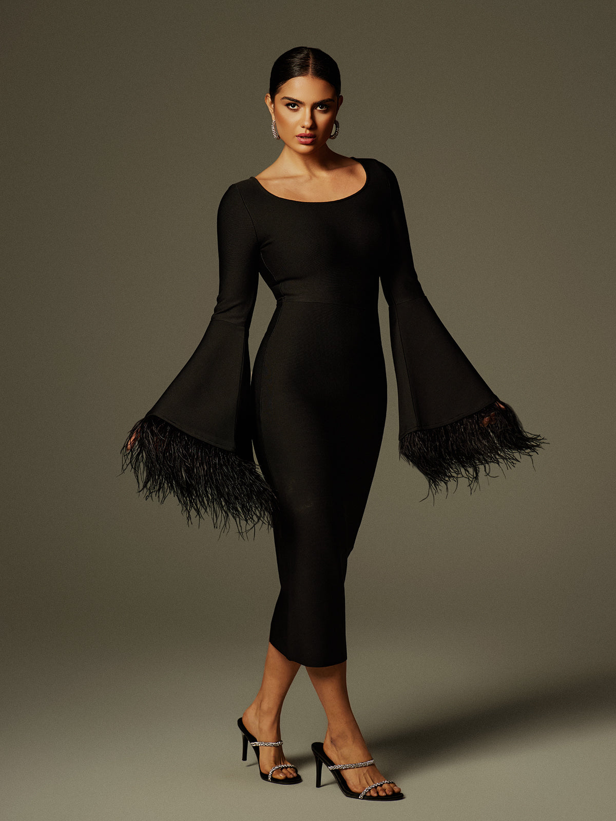 Ailyn Round Neck Feather Bandage Midi Dress