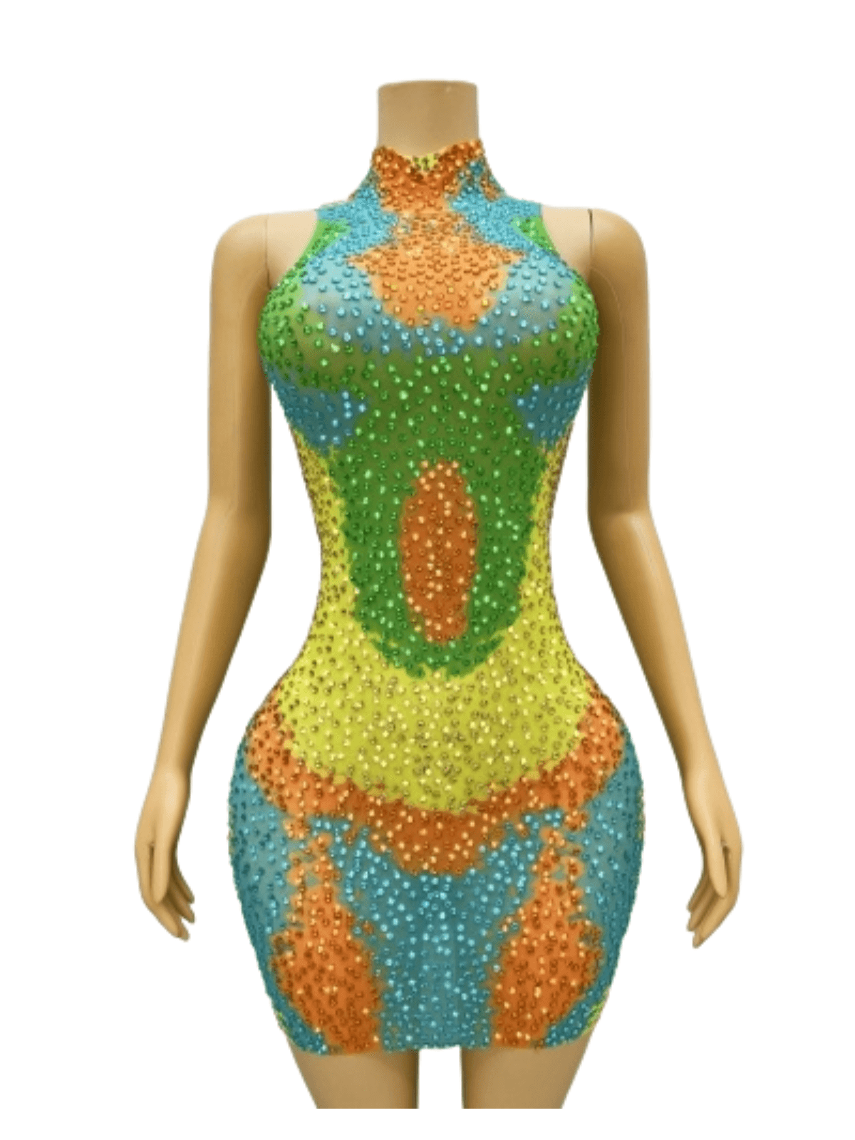 Elegant Aimee Print Mini Dress adorned with crystal embellishments, perfect for evening wear.