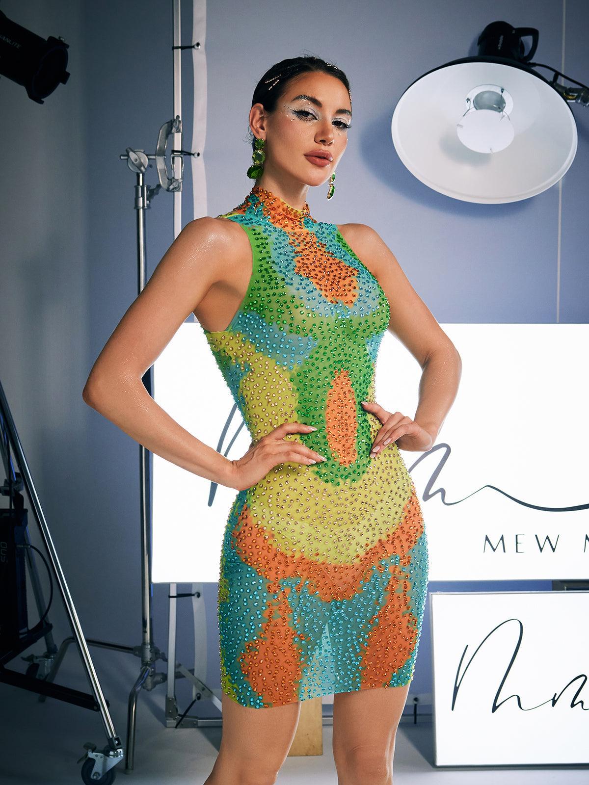 Elegant Aimee Print Mini Dress adorned with crystal embellishments, perfect for evening wear.