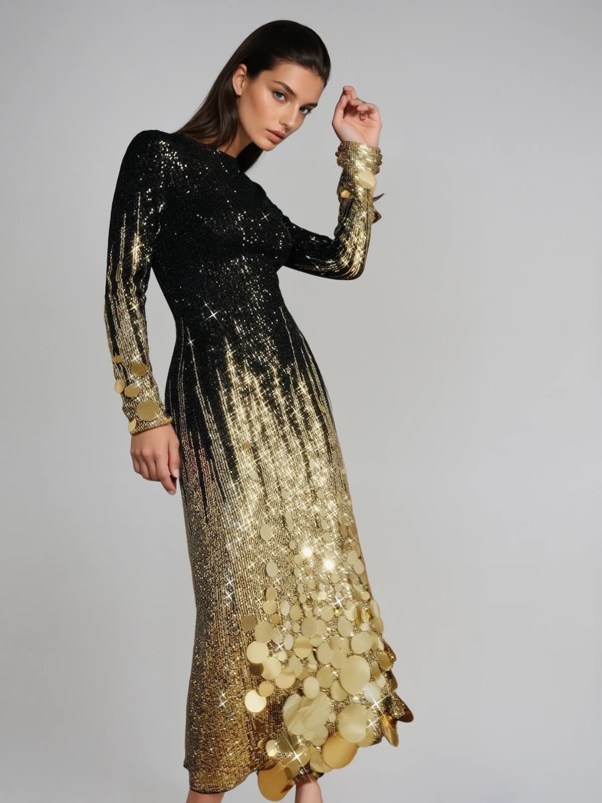 Aistulf Long Sleeve Round Sequin Midi Dress
