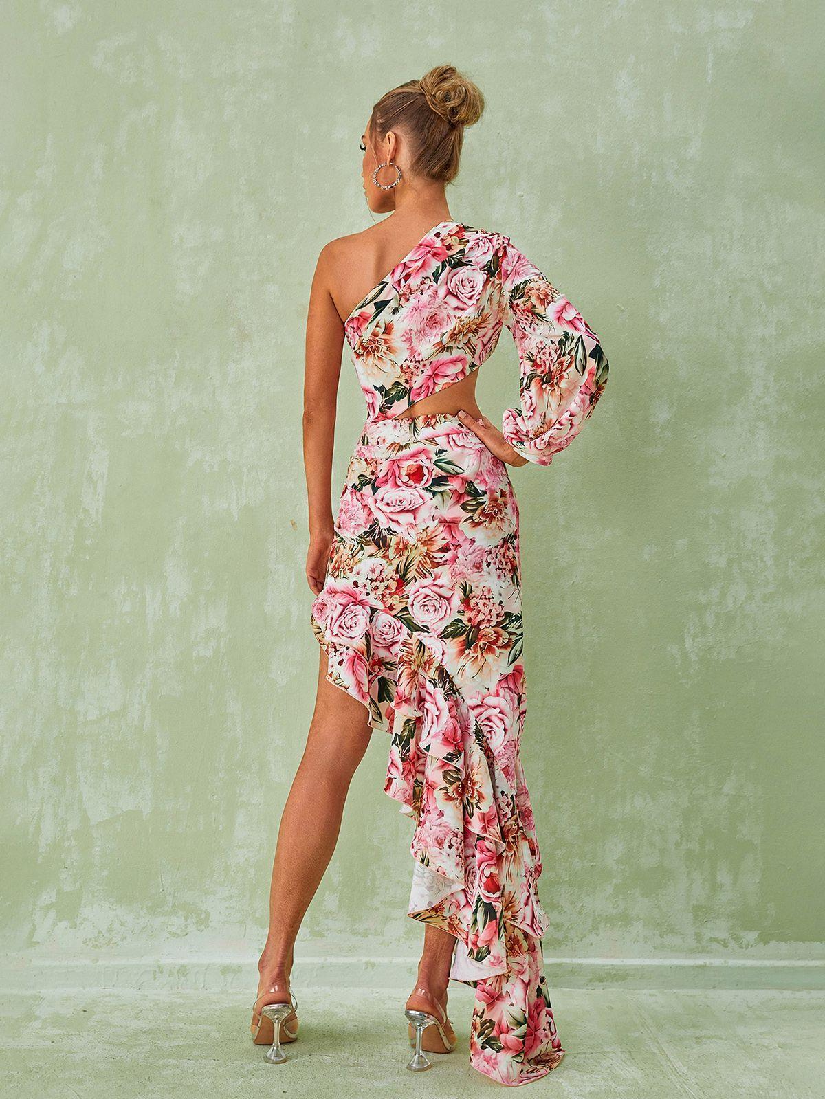 Aiyana one shoulder floral maxi dress in pink, showcasing an asymmetrical hem and ruched design, perfect for autumn occasions.