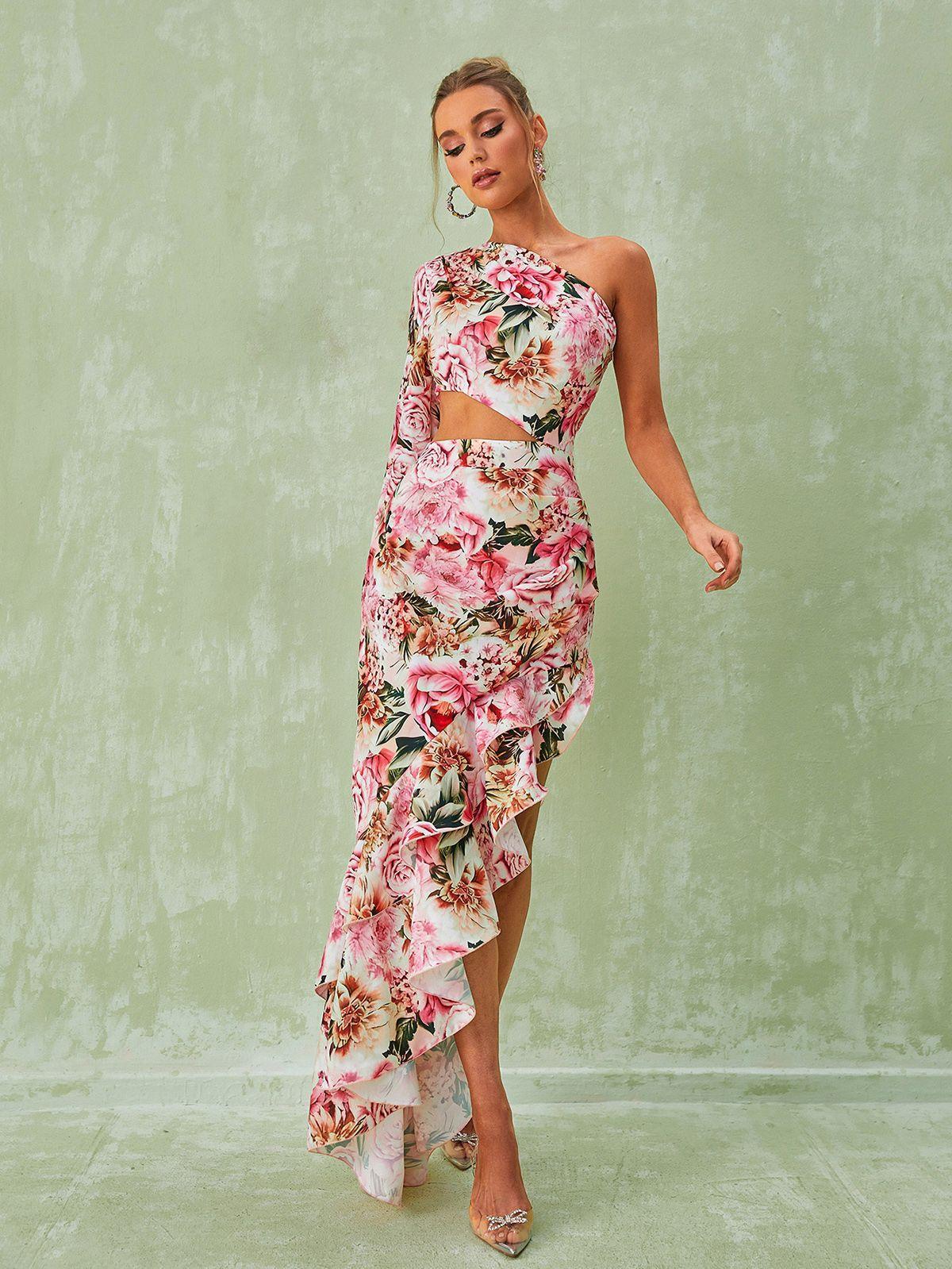Aiyana one shoulder floral maxi dress in pink, showcasing an asymmetrical hem and ruched design, perfect for autumn occasions.