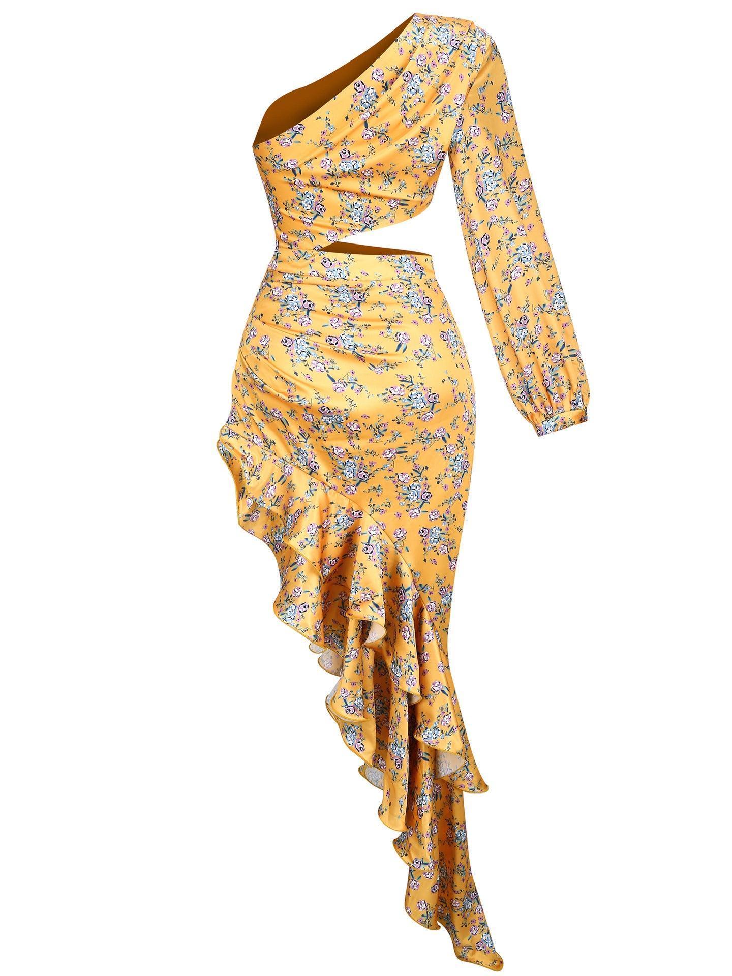 Aiyana One Shoulder Floral Maxi Dress in yellow featuring a chic asymmetrical hemline, perfect for autumn fashion.