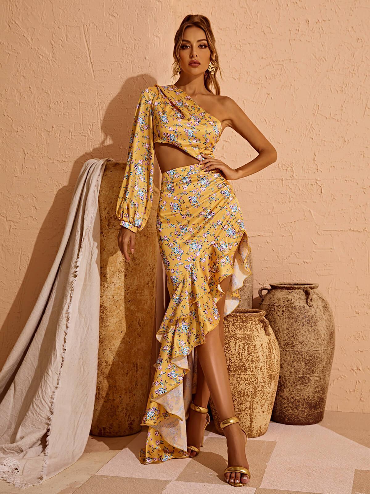 Aiyana One Shoulder Floral Maxi Dress in yellow featuring a chic asymmetrical hemline, perfect for autumn fashion.
