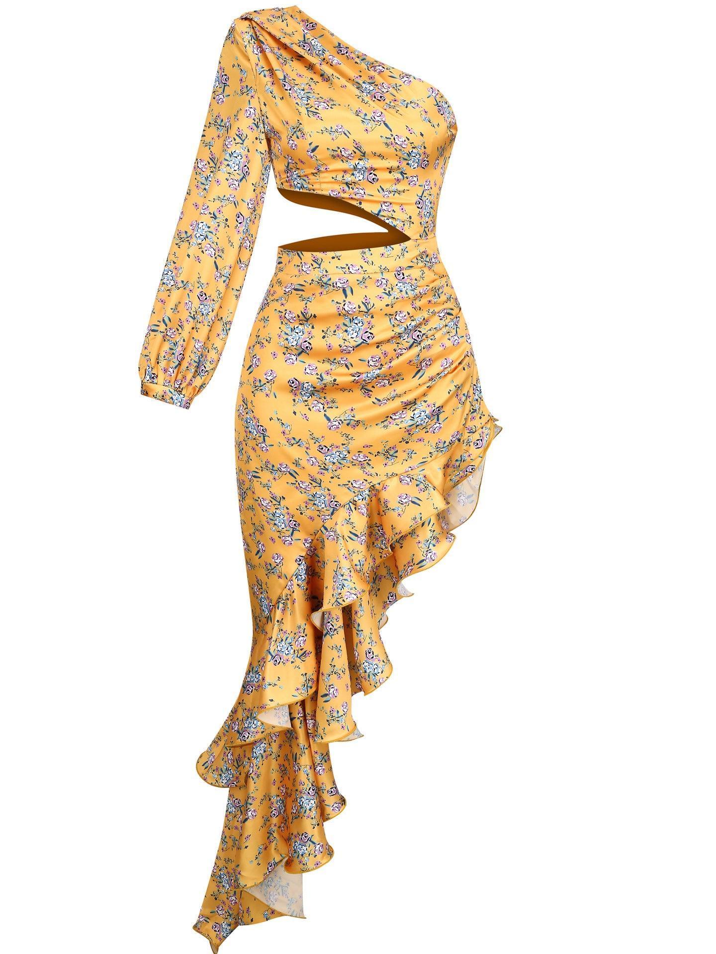 Aiyana One Shoulder Floral Maxi Dress in yellow featuring a chic asymmetrical hemline, perfect for autumn fashion.
