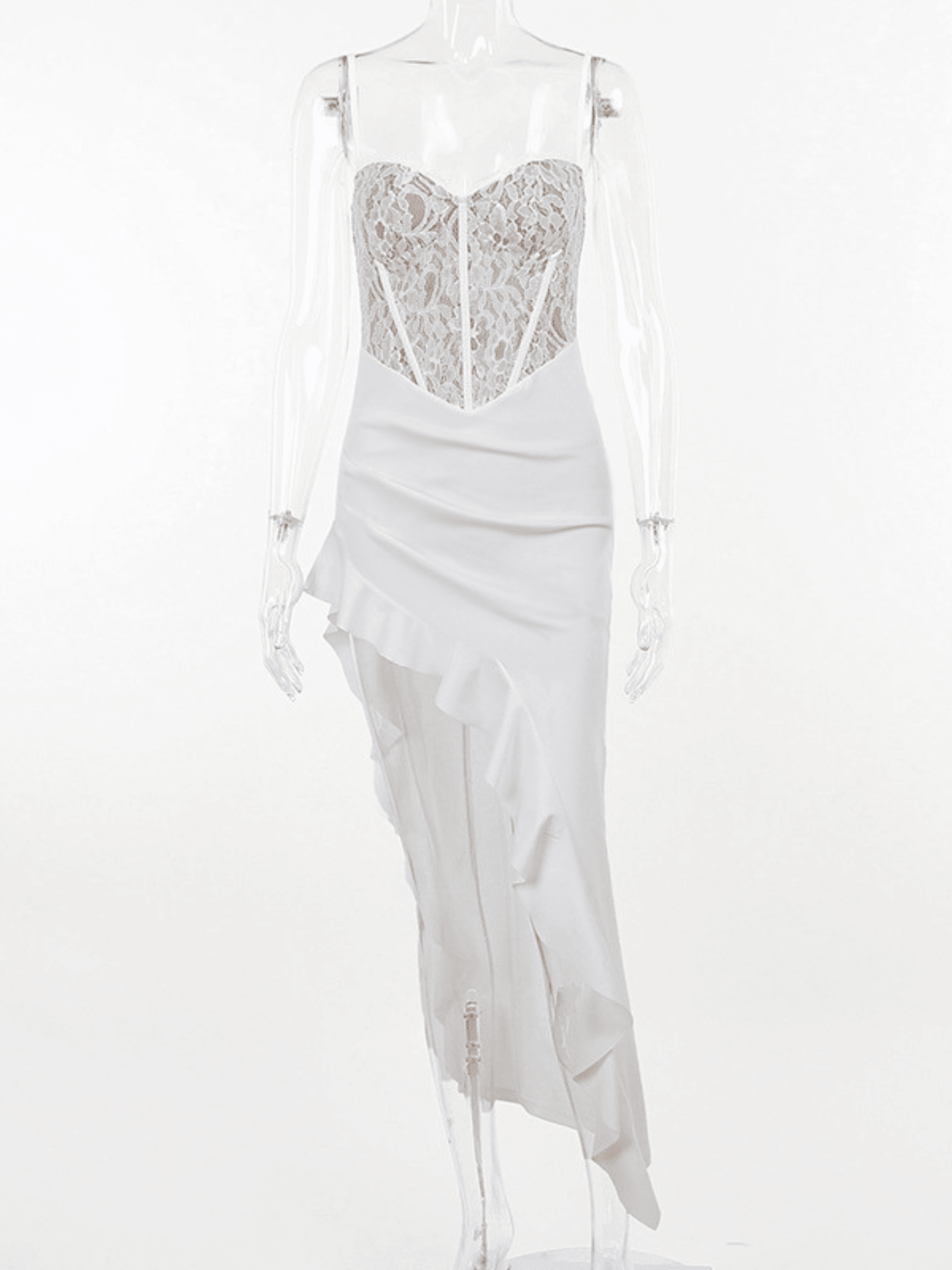 Aizen Lace Asymmetric Ruffle Midi Dress in white, showcasing elegant ruffles and a stylish asymmetric design.