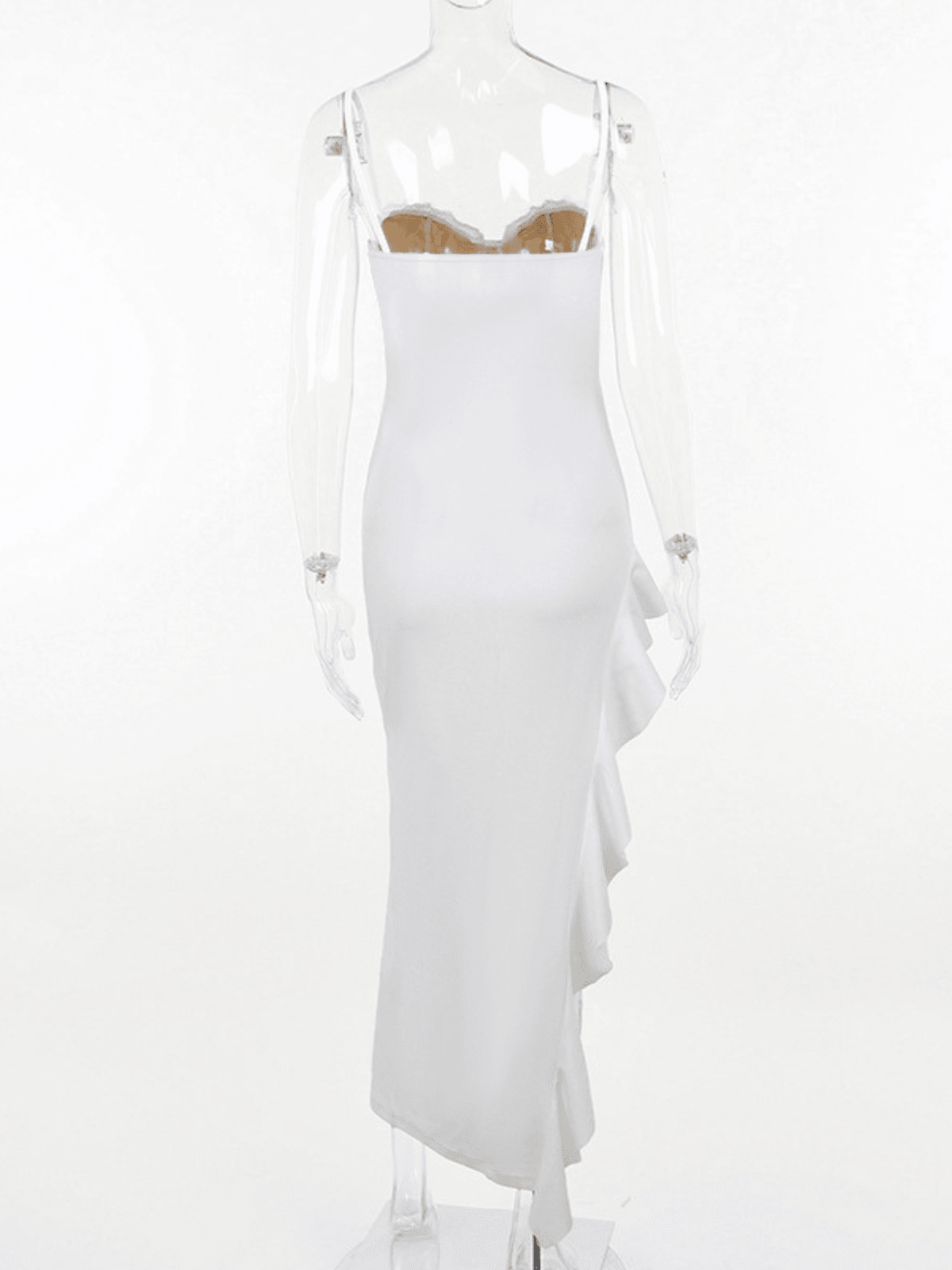 Aizen Lace Asymmetric Ruffle Midi Dress in white, showcasing elegant ruffles and a stylish asymmetric design.
