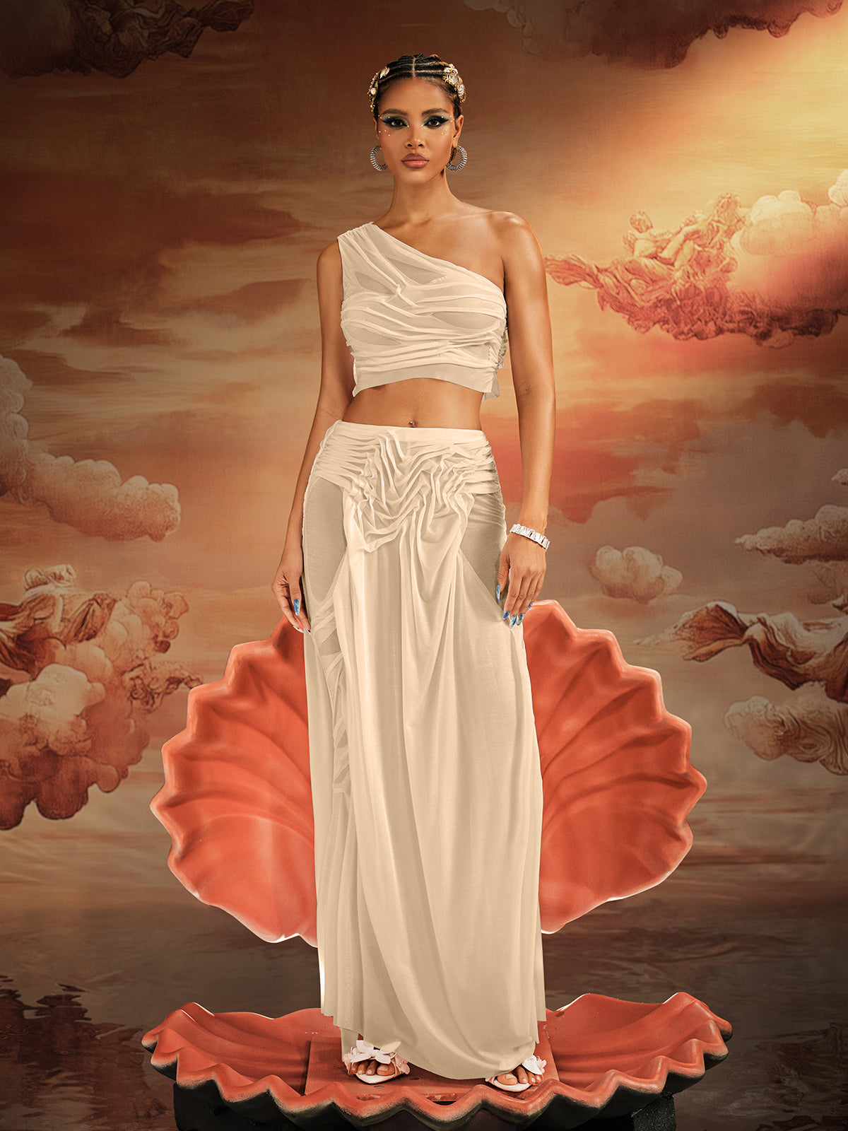 Akiye One Shoulder Ruched Skirt Set In Champagne