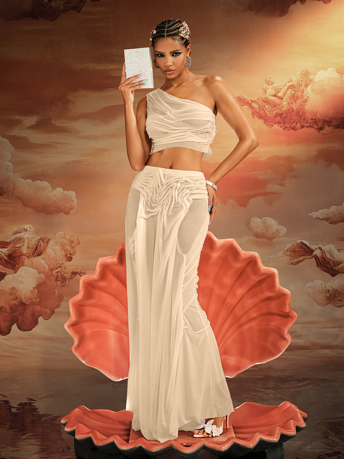 Akiye One Shoulder Ruched Skirt Set In Champagne