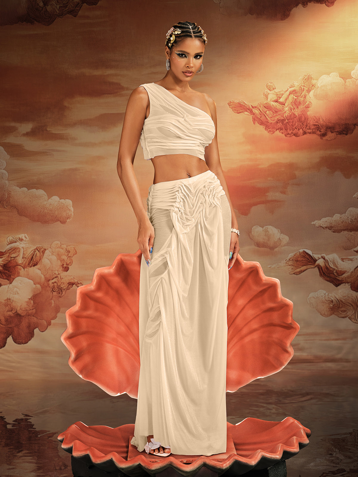 Akiye One Shoulder Ruched Skirt Set In Champagne
