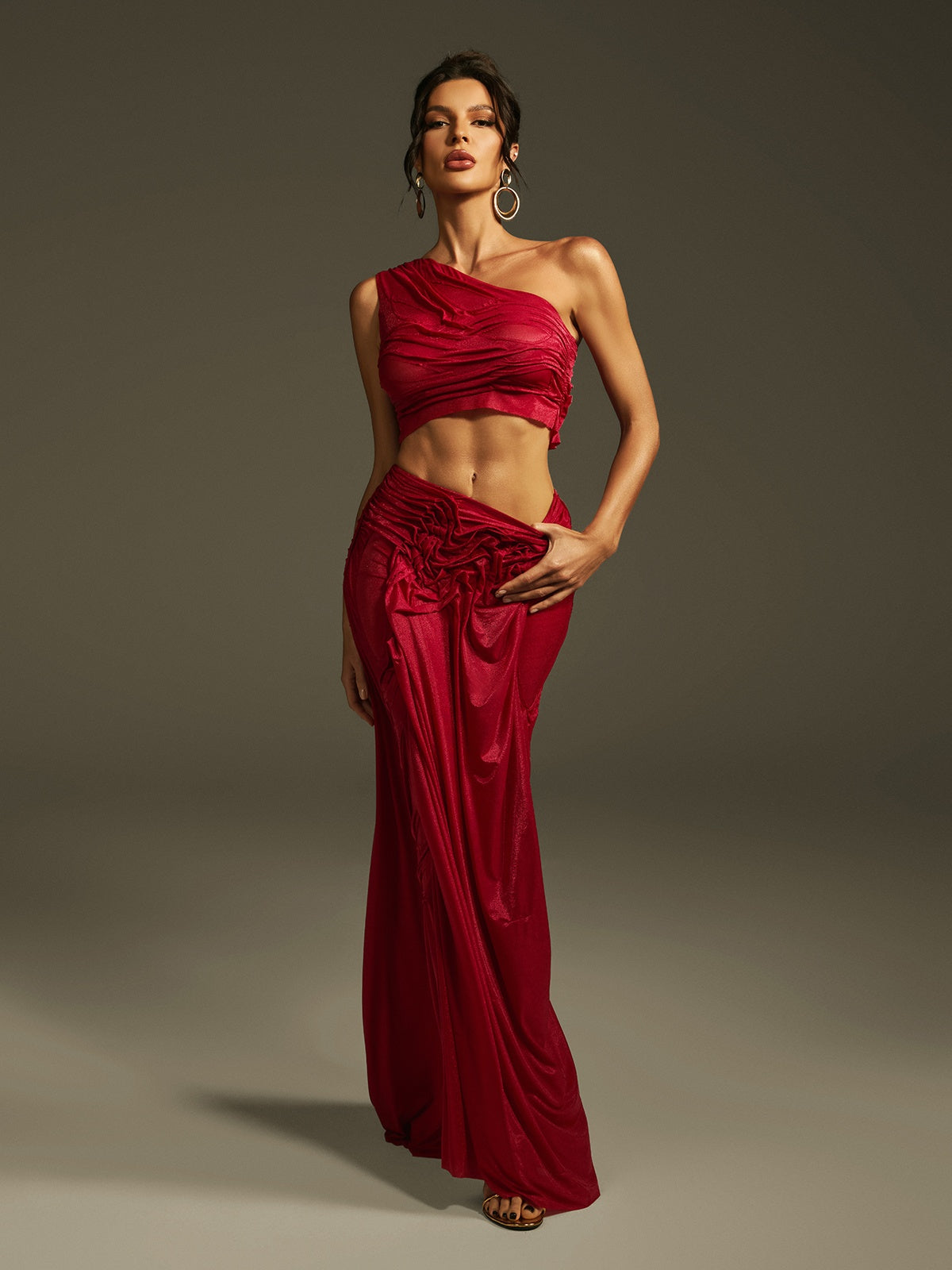 Akiye One Shoulder Ruched Skirt Set In Wine