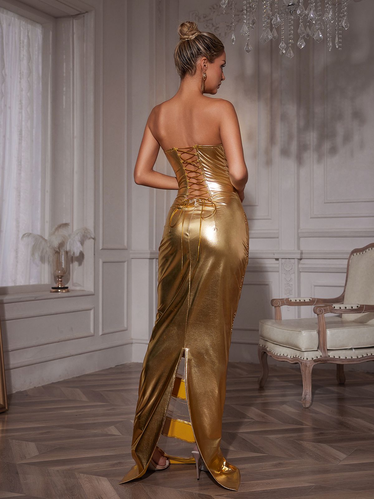Aksel Strapless Corset Chain Wrapped Maxi Dress